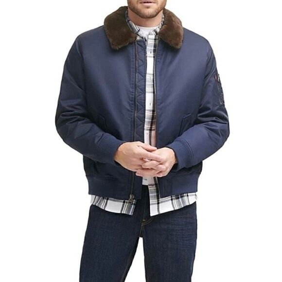 New LEVI'S Men's Large Flight Bomber Jacket Faux Fur Removable Collar Navy XL - Picture 1 of 11